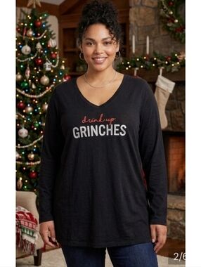 Lane Bryant "Drink up Grinches" Long sleeve Vneck tee Black Size 18/20